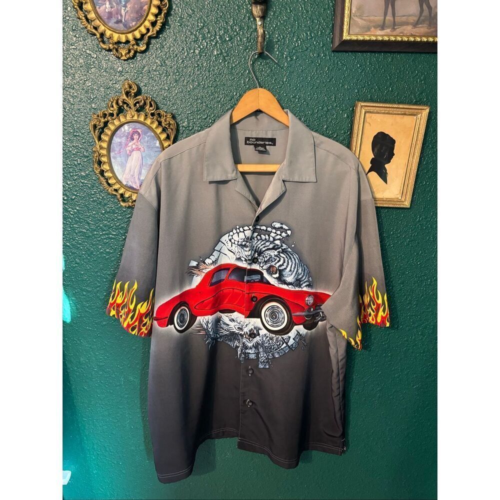 Vintage Y2K Flame Fire Car Button Up Shirt XL